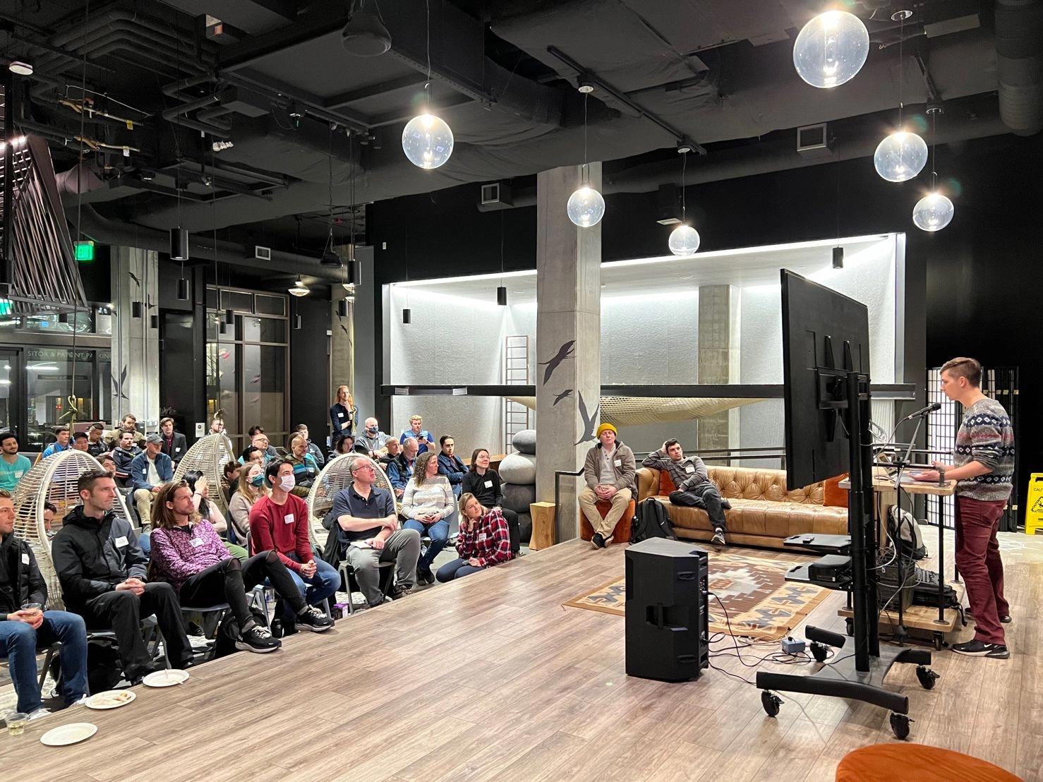 Mason speaking at a Seattle JS meetup